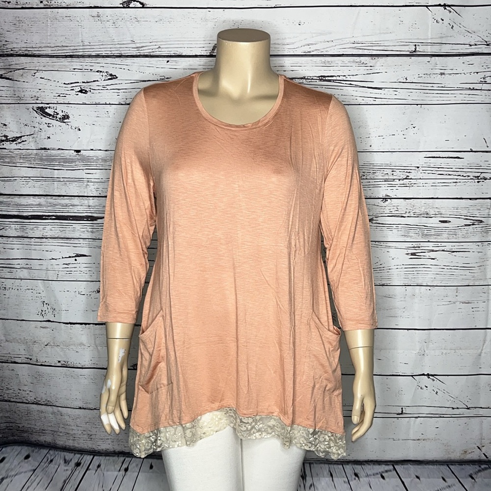 LOGO Lori Goldstein NWOT Sz XL Pink - Lace Asymmetrical Slub Knit Top w/ Pockets